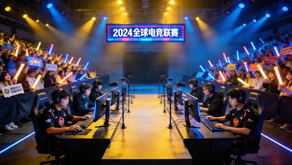 电竞赛事比赛现场，两队选手在舞台上进行对抗