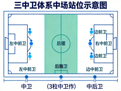 足球阵型示意图展示三中卫体系下的中场站位分布